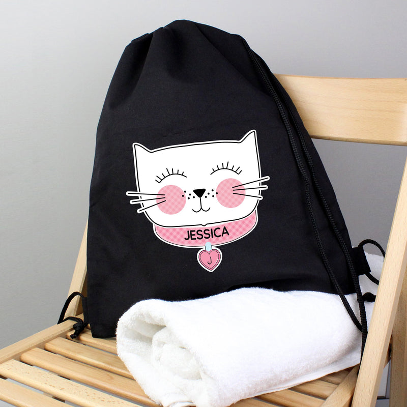 Personalised Cute Cat Black Swim & Kit Bag - PureEssenceGreetings 