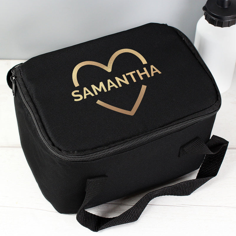 Personalised Gold Heart Black Lunch Bag - PureEssenceGreetings 