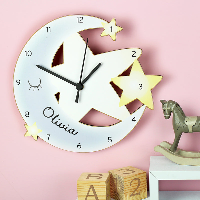 Personalised Moon and Stars Shape Wooden Clock - PureEssenceGreetings 