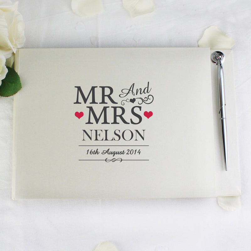 Personalised Mr & Mrs Hardback Guest Book & Pen - PureEssenceGreetings 