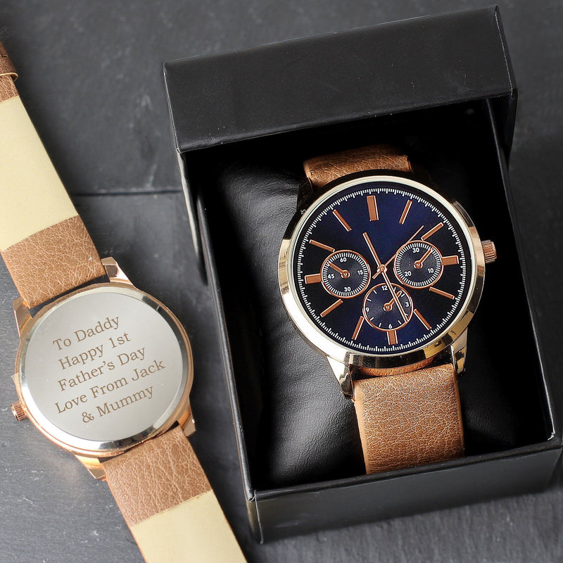 Personalised Mens Rose Gold Watch with Black Strap PureEssenceGreetings