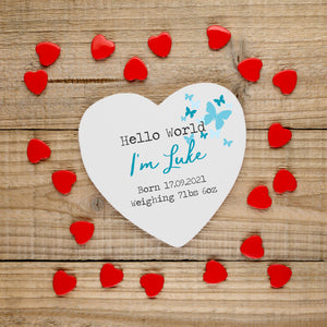 Hello World Personalised Baby Arrival Heart Token Wood Plaque | Blue PureEssenceGreetings