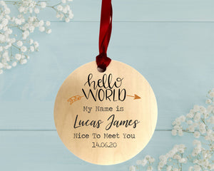 Hello World Personalised Baby Arrival Sign Round Token Wood Plaque PureEssenceGreetings