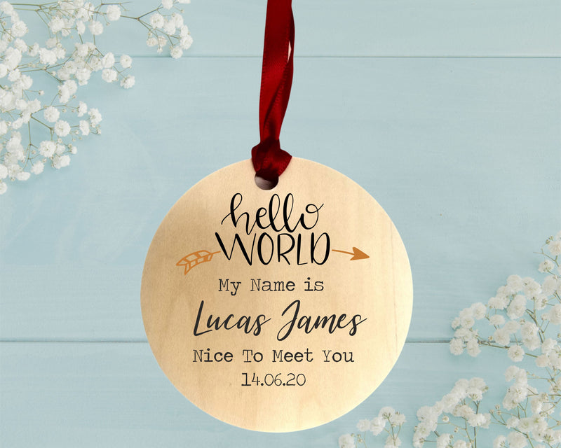 Hello World Personalised Baby Arrival Sign Round Token Wood Plaque PureEssenceGreetings