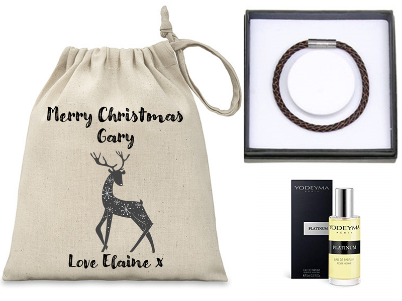 Personalised Men's Mini Christmas Sack - Filled with Yodeyma Parfum and EQ Leather Bracelet - PureEssenceGreetings 