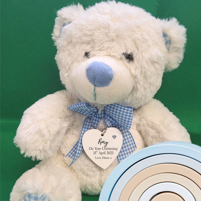 Personalised Christening Teddy Bear With Heart Tag & Guardian Angel Pin PureEssenceGreetings 