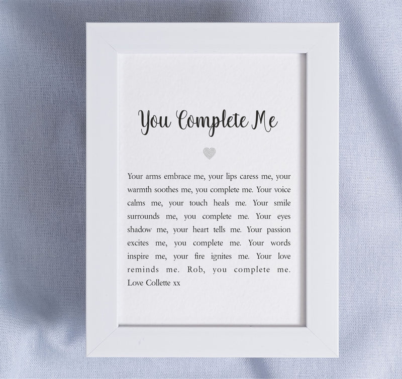 You Complete Me Personalised Mounted Love Poem Card PureEssenceGreetings 