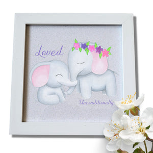 Mother and Child Cute Elephants Children's Bedroom Framed Sparkle Print PureEssenceGreetings