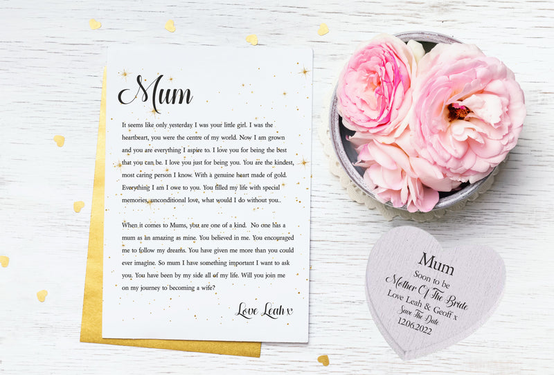 Save the Date Personalised Mother of the Bride to Be Poem Print & Heart Token PureEssenceGreetings 