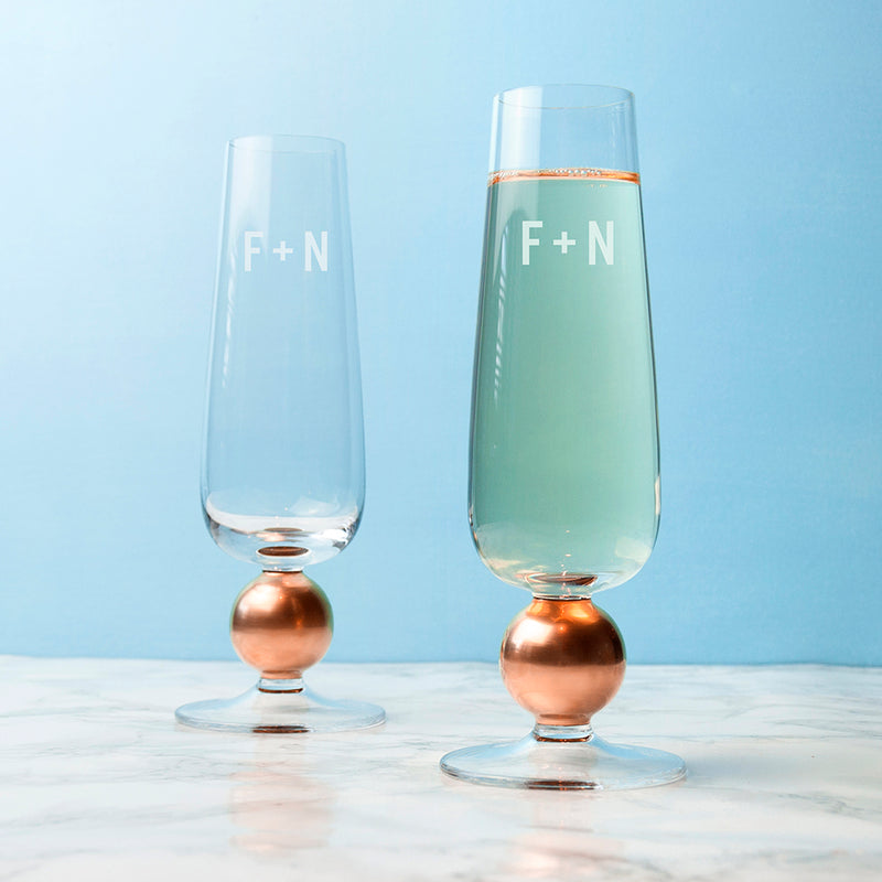 MONOGRAMMED LSA SET OF TWO ROSE GOLD CHAMPAGNE GLASSES PureEssenceGreetings
