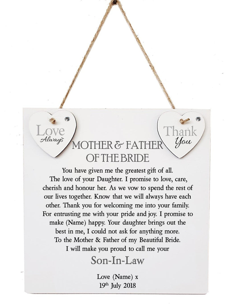 Mother & Father of The Bride Personalised Plaque - PureEssenceGreetings 