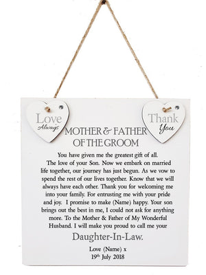 Mother & Father of The Groom Personalised Plaque - PureEssenceGreetings 