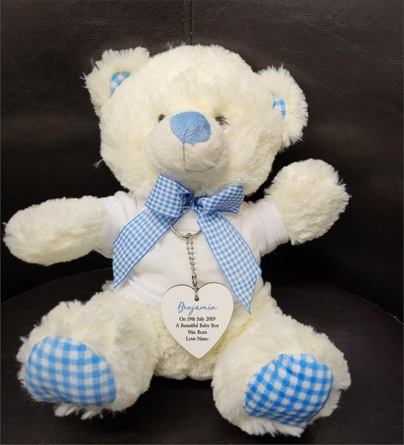 Personalised Newborn Baby Teddy Bear With Heart Tag & Guardian Angel Pin PureEssenceGreetings