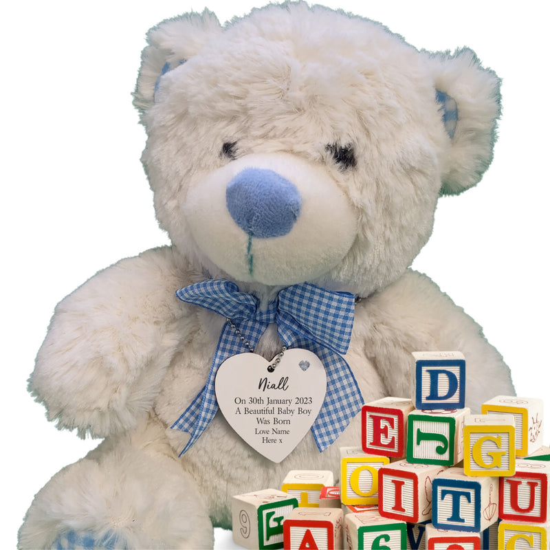 Personalised Christening Teddy Bear With Heart Tag & Guardian Angel Pin PureEssenceGreetings 