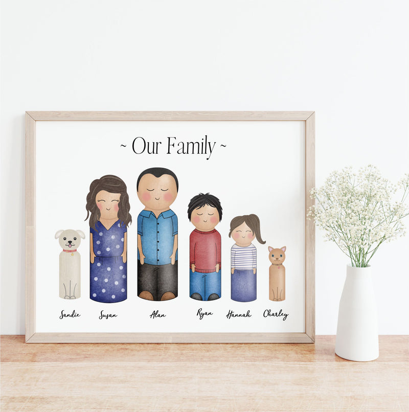 Custom Peg Family Portrait Framed Glitter Print PureEssenceGreetings