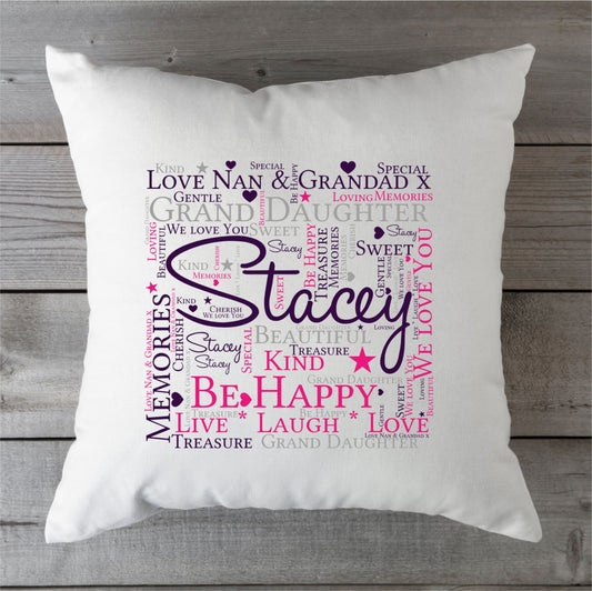 Personalised Granddaughter Word Art Cushion. PureEssenceGreetings